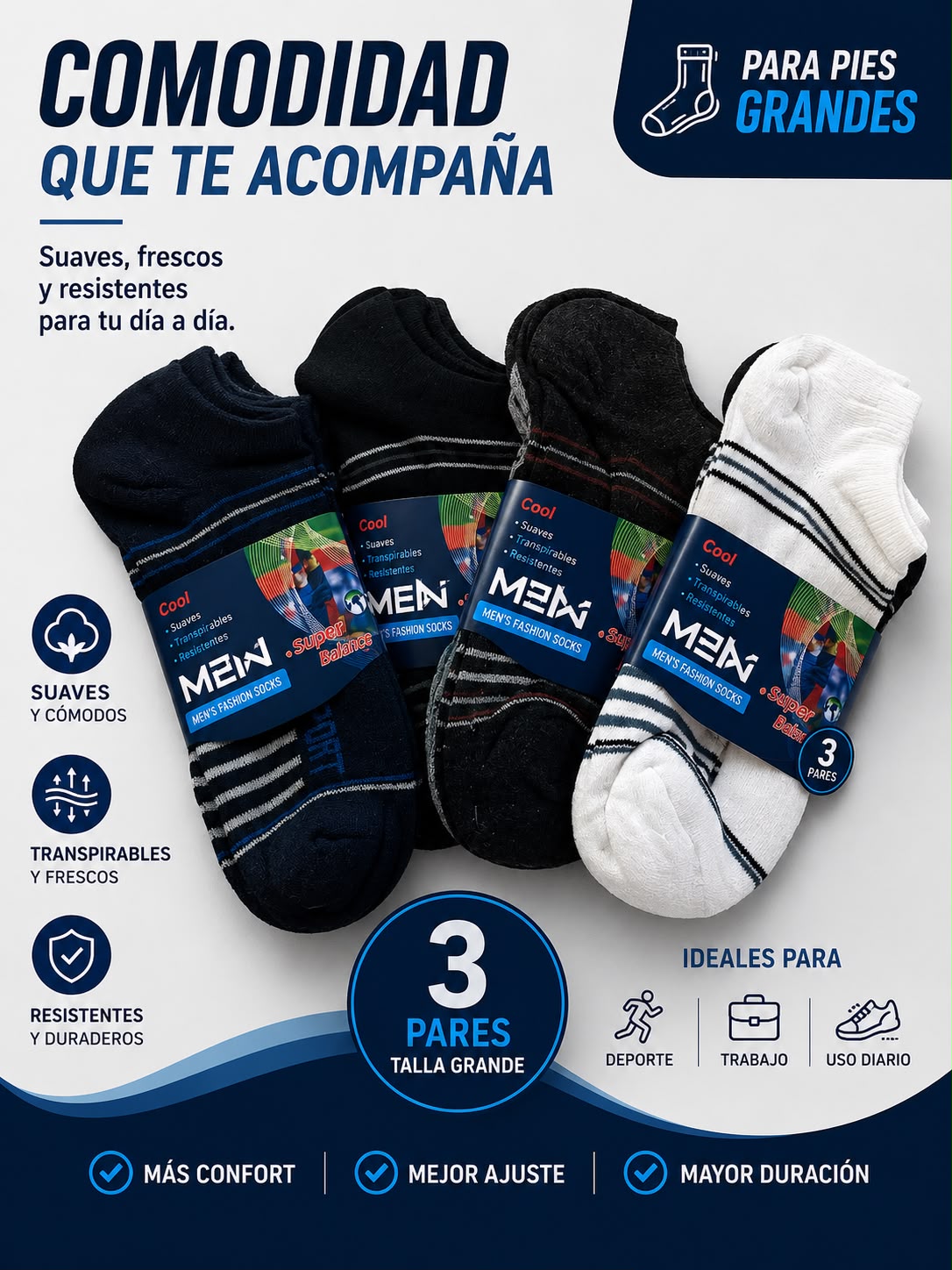 PACK X3 - MEDIAS TOBILLERAS DEPORTIVAS PARA HOMBRE